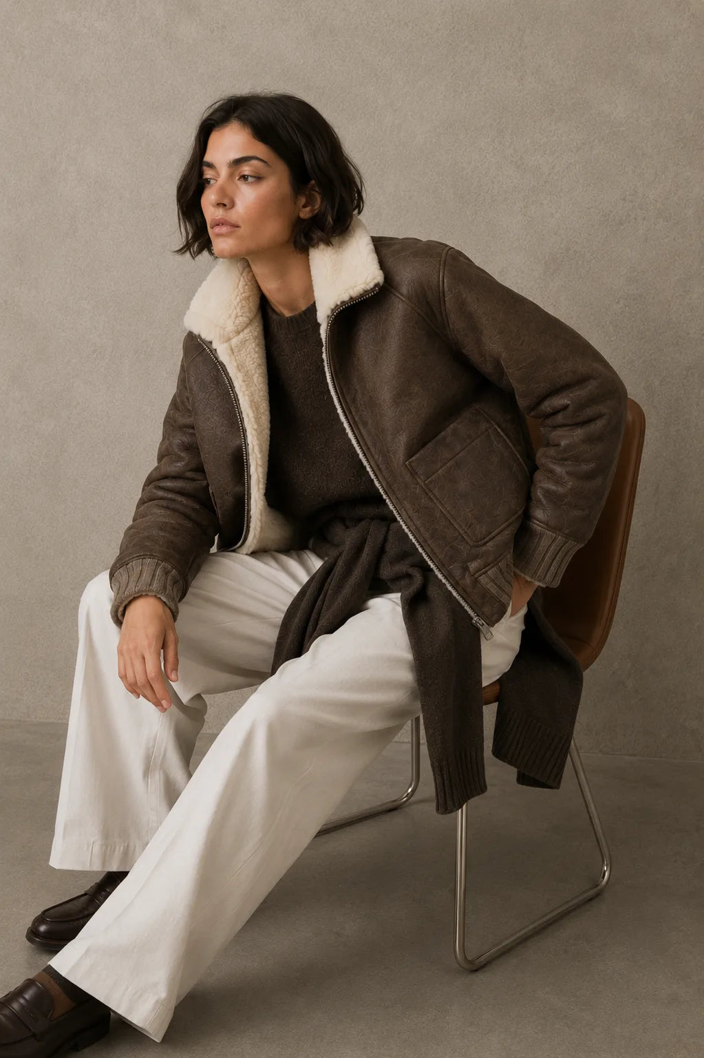 SANTALÓ — Chaqueta double face efecto craquelado taupe TORRAS, look mujer sentada