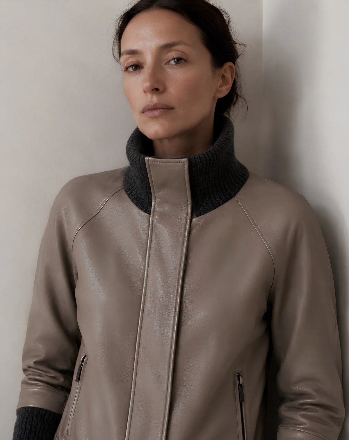 EIXAMPLE — Nappa Leather Jacket with Knit Collar and Cuffs