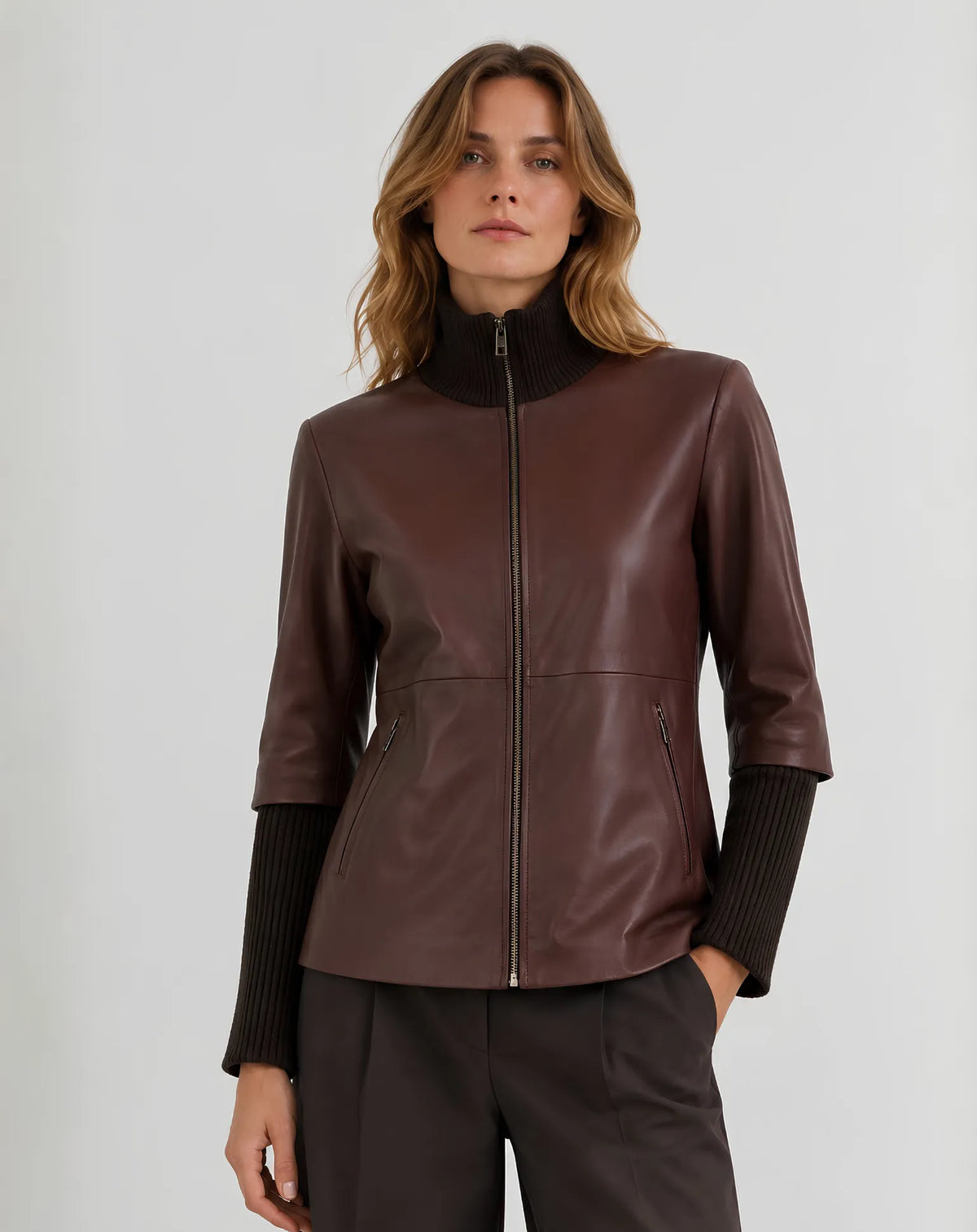 GRÀCIA — Two-Material Nappa Leather Jacket with Detachable Knit Details