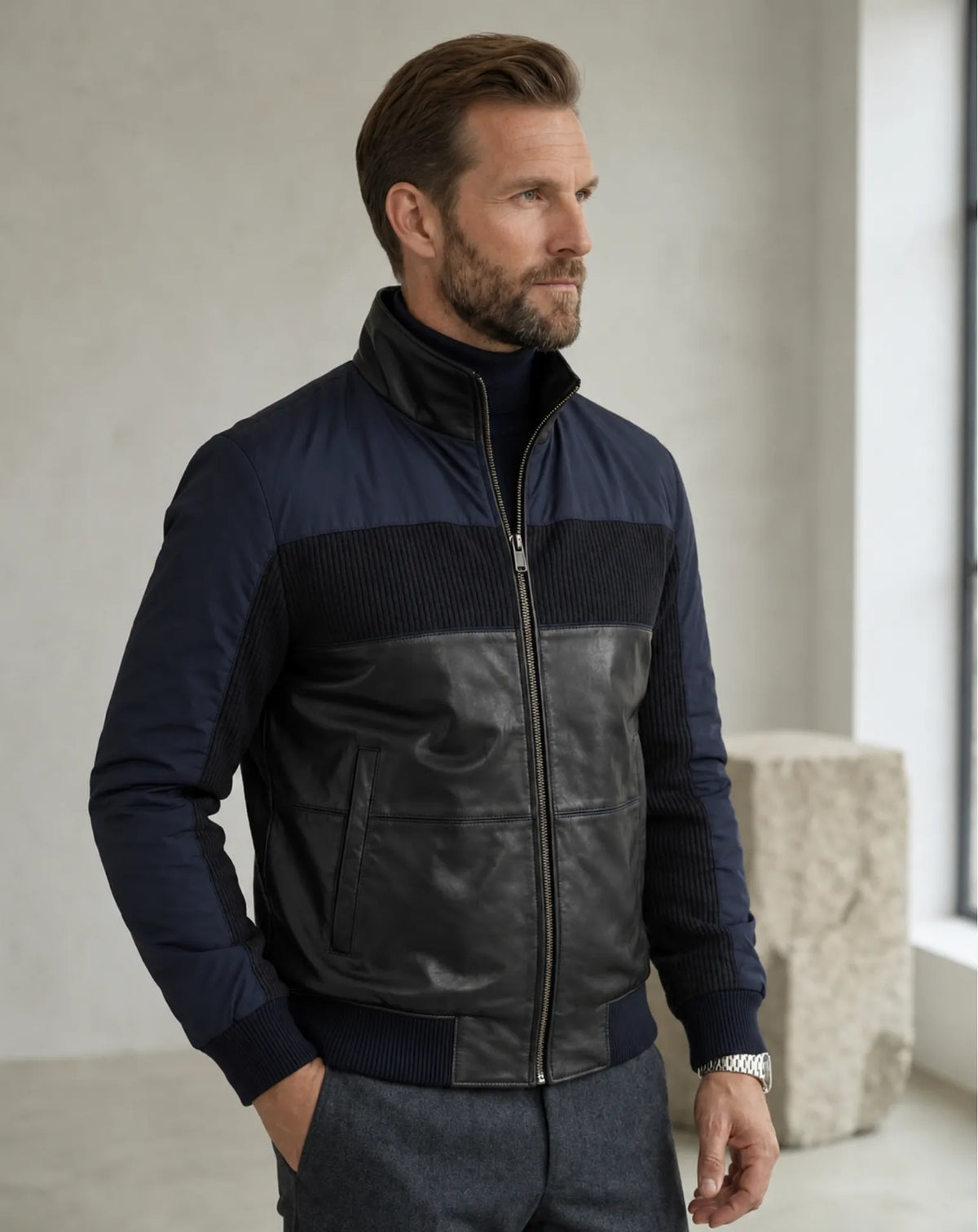 SANT JOAN — Nappa Leather, Knit and Nylon Jacket