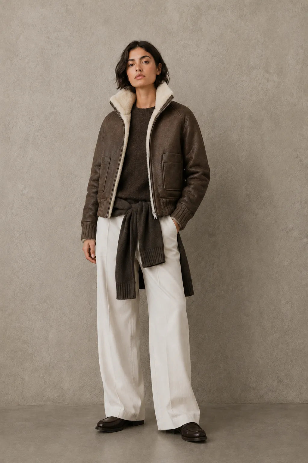 SANTALÓ — Chaqueta double face efecto craquelado taupe TORRAS, look mujer de pie