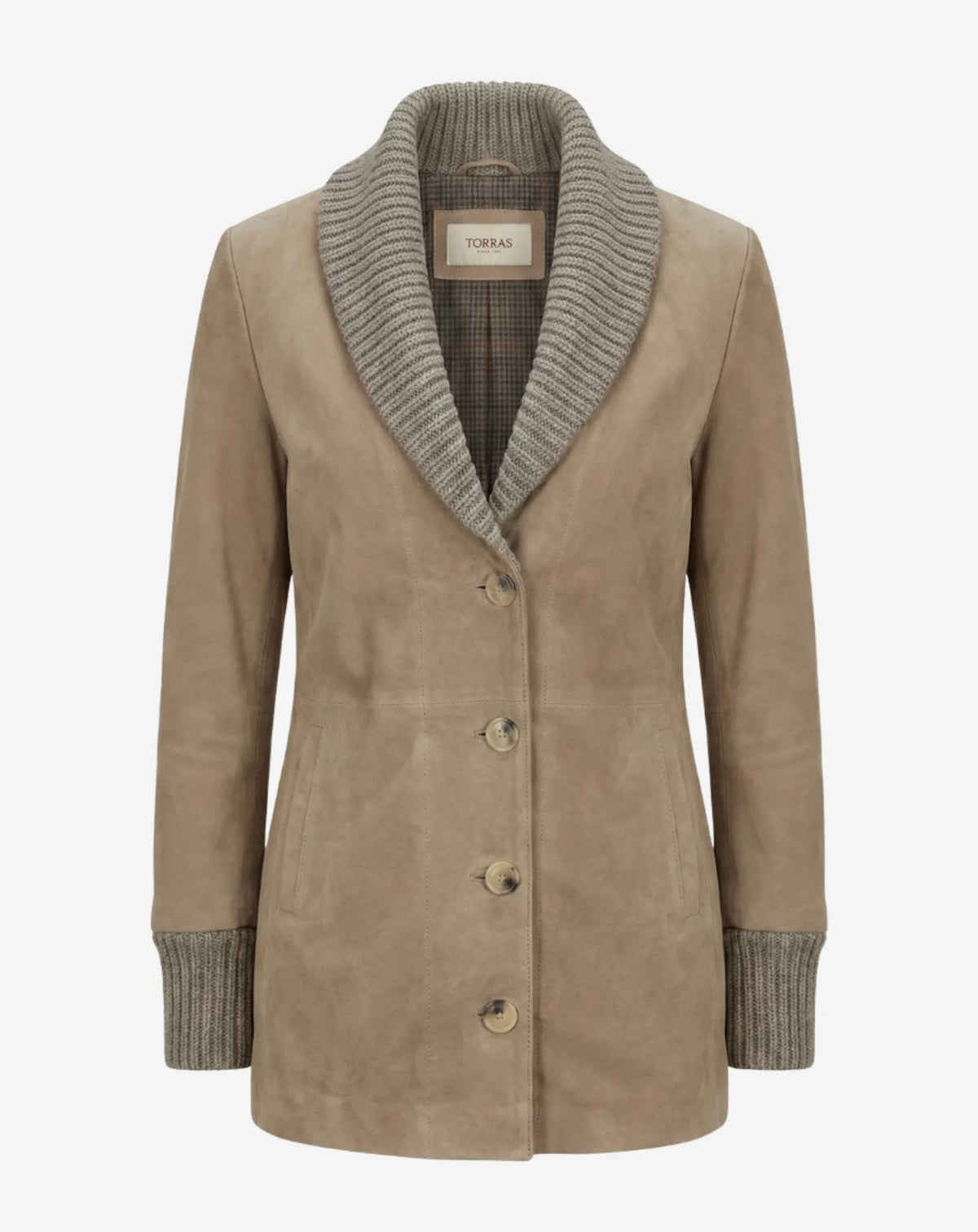 Chaqueta larga bimateria de ante y punto TORRAS DS68024 - vista frontal