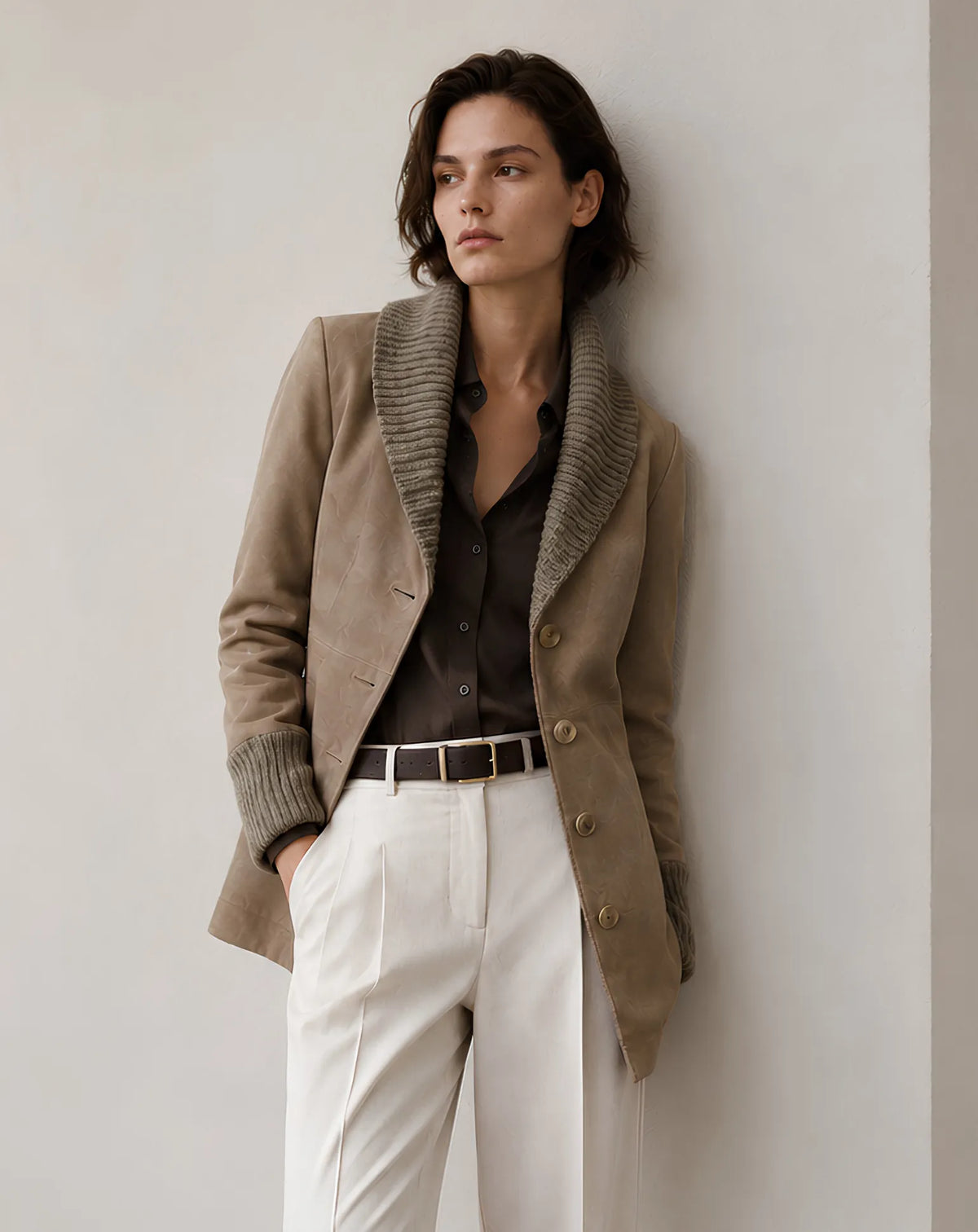 Chaqueta larga bimateria de ante y punto TORRAS DS68024 - look mujer
