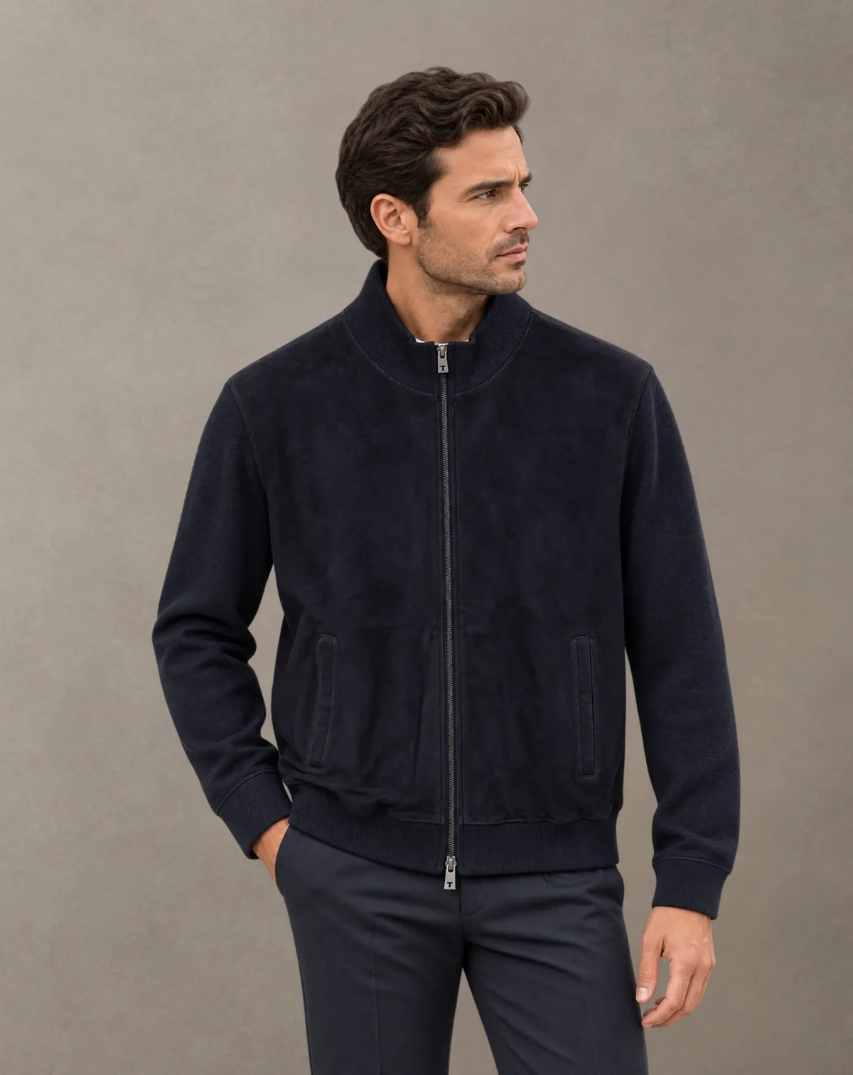 BONANOVA navy chaqueta de ante y punto con modelo