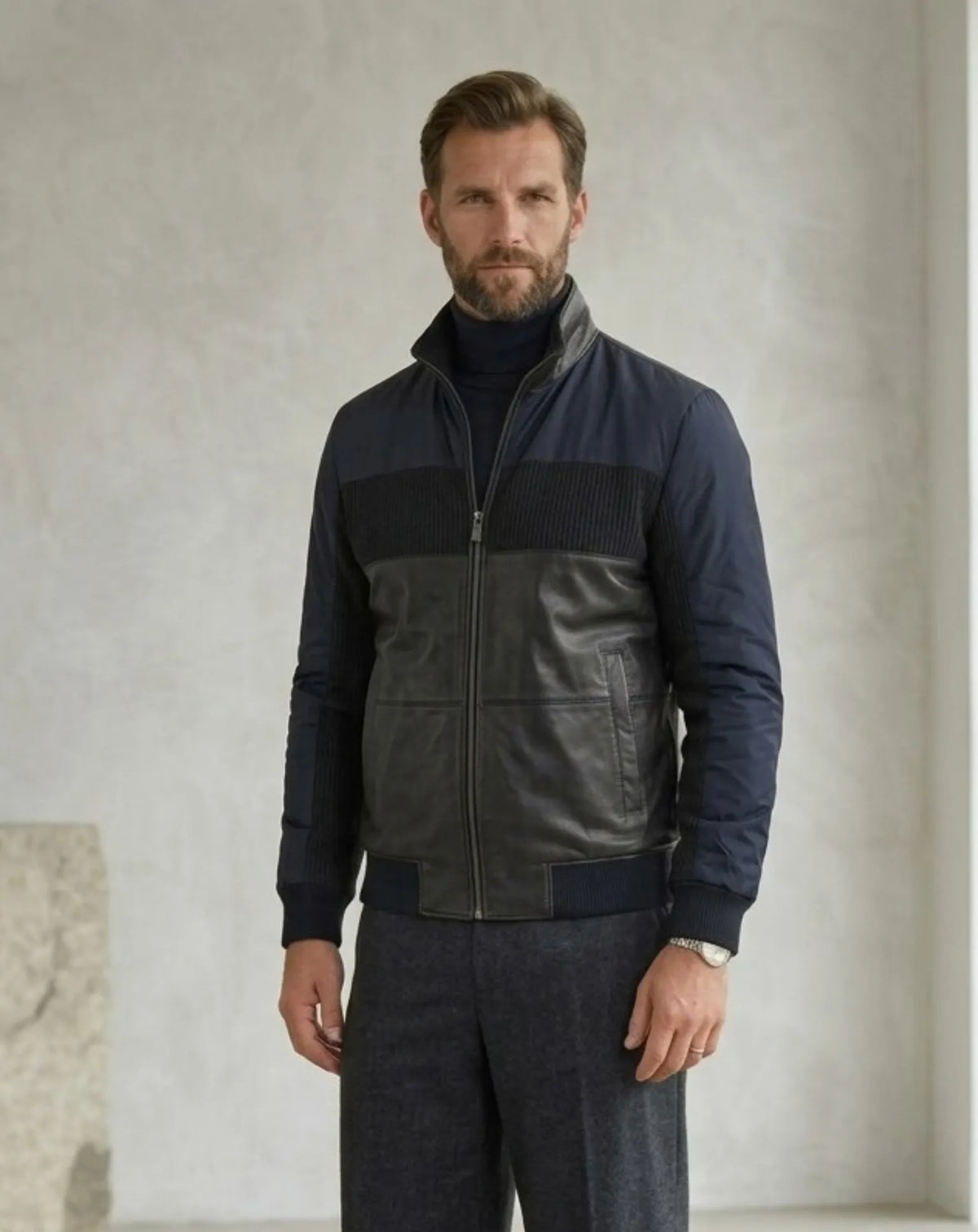 PUTXET chaqueta hombre napa punto nylon navy con modelo frontal