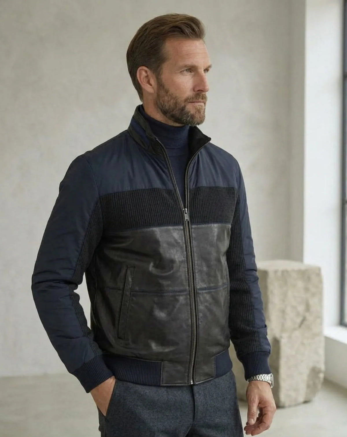 PUTXET chaqueta hombre navy con modelo vista lateral